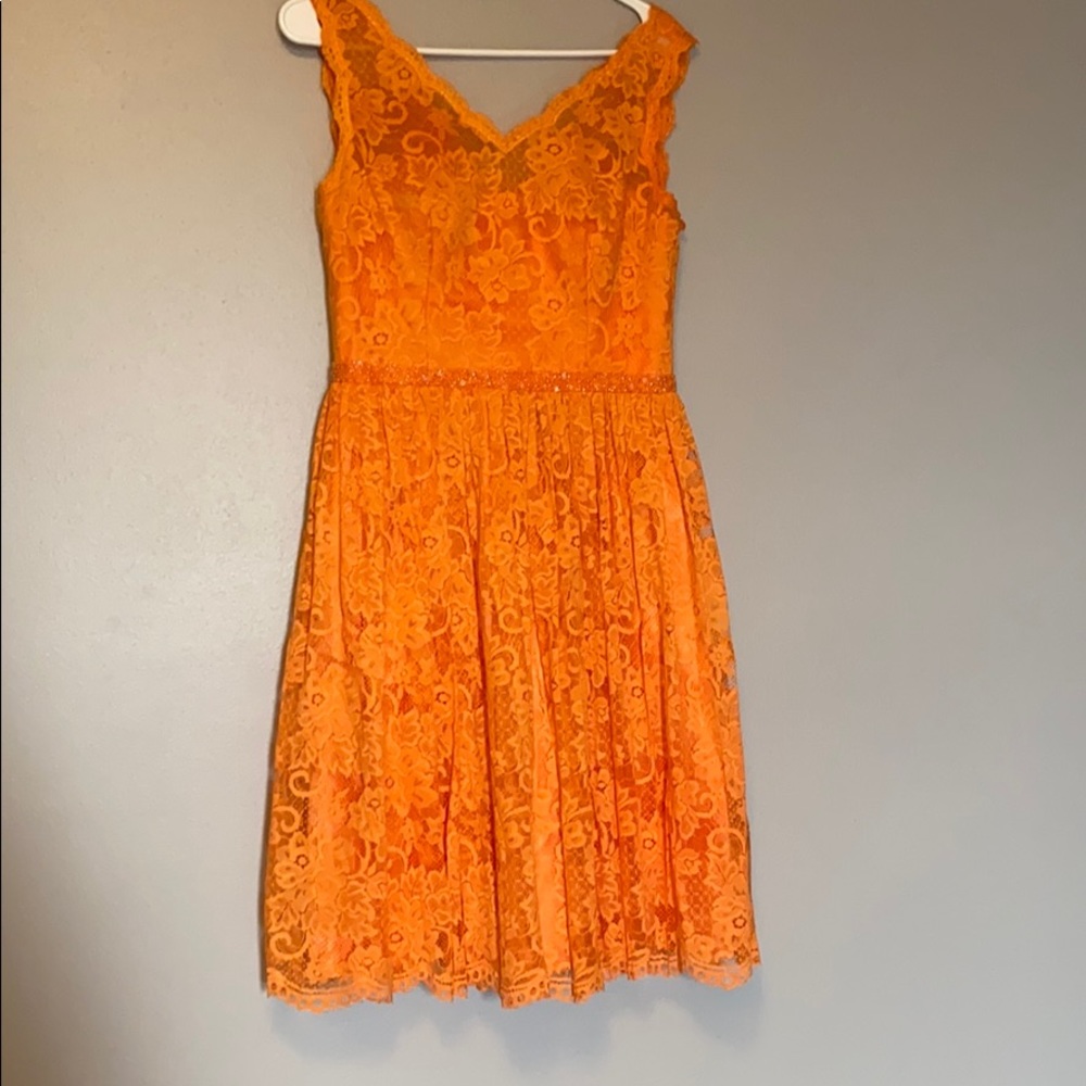 Azazie Knee Length Tangerine Lace Bridesmaid Dress